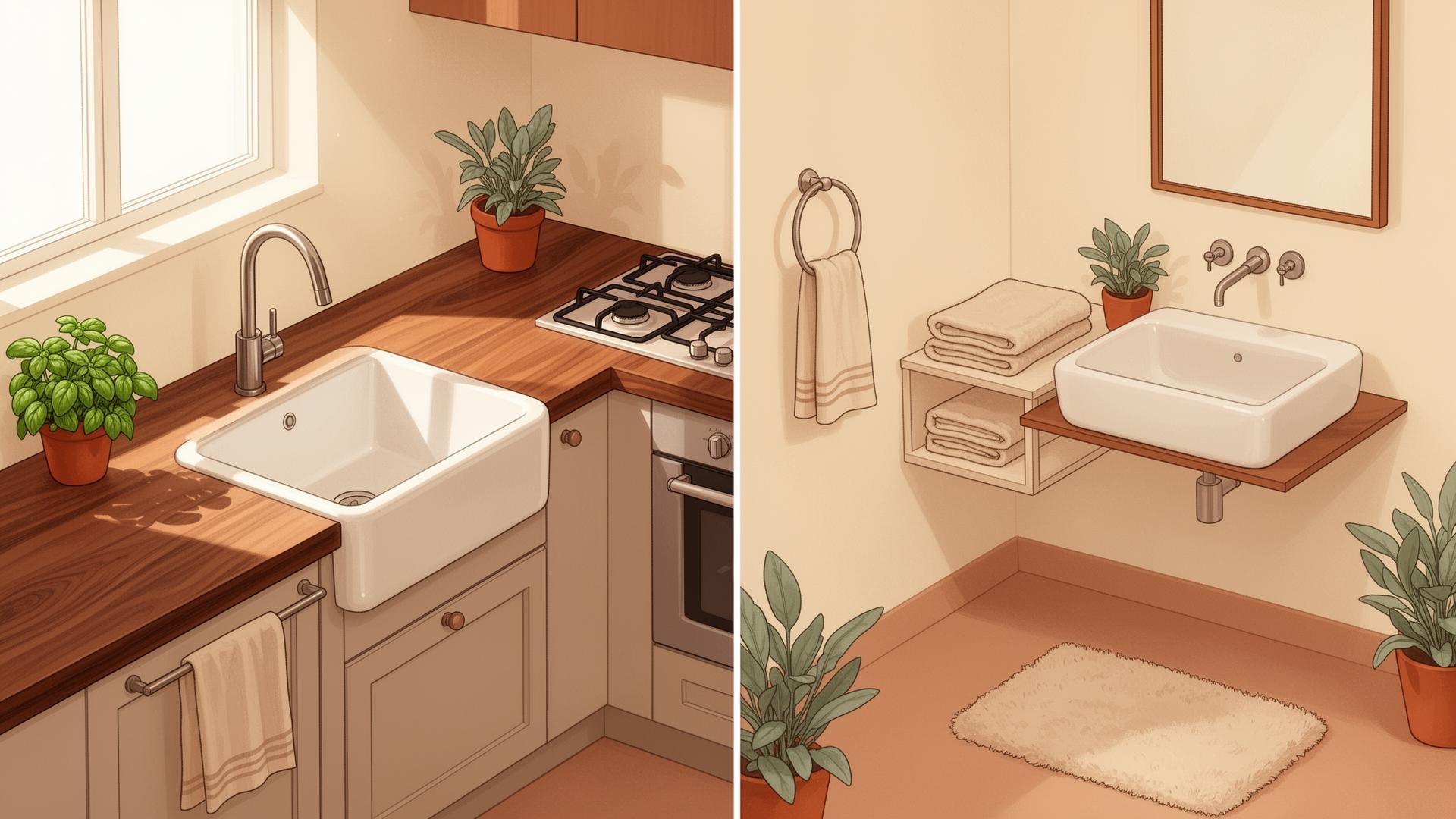 Illustrated cozy kitchen and bathroom scene with NestFix product placements